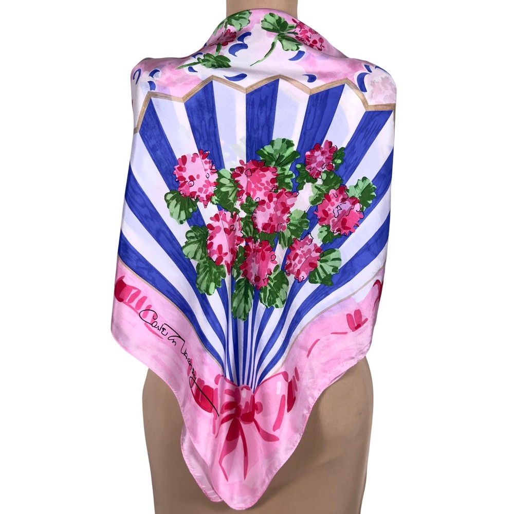 Vtg Carleton Varney 41" Scarf Pink Floral Geranium Blue Resortwear Regencycore - Picture 4 of 9